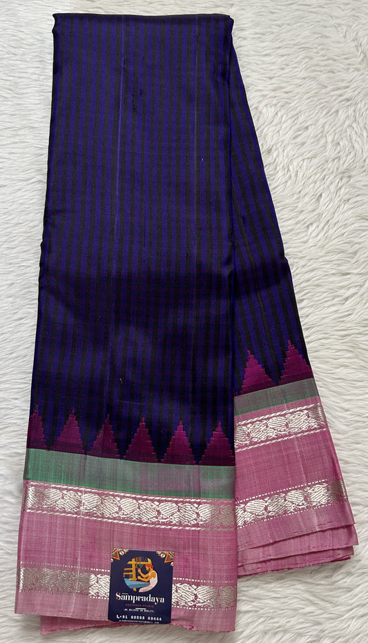 Gadwal Silk Saree Deep Blue Colored Complemented With a Onion Pink Color Kanchi Border - Sampradaya Designer Studio