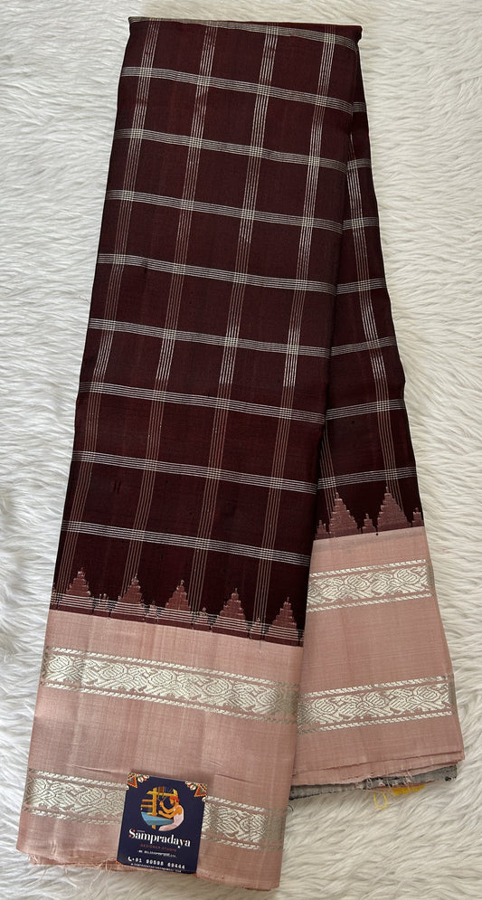 Gadwal Silk Saree Brown Colored Complemented With a Coral Color Kanchi Gap Border - Sampradaya Designer Studio