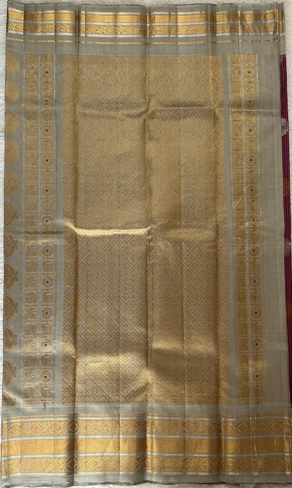 Gadwal Silk Saree Magenta Colored Complemented With a Gray Color Kanchi Border - Sampradaya Designer Studio