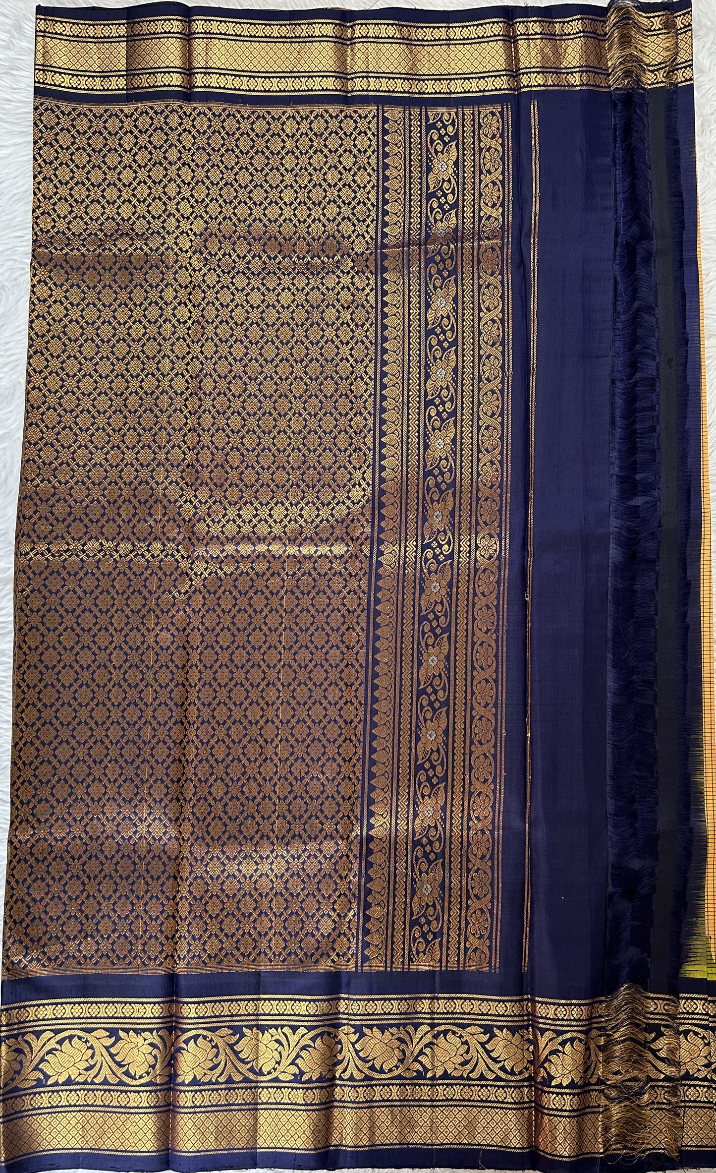 Gadwal Silk Saree Light Orange Colored Complemented With a Navy Blue Color Kanchi Border - Sampradaya Designer Studio