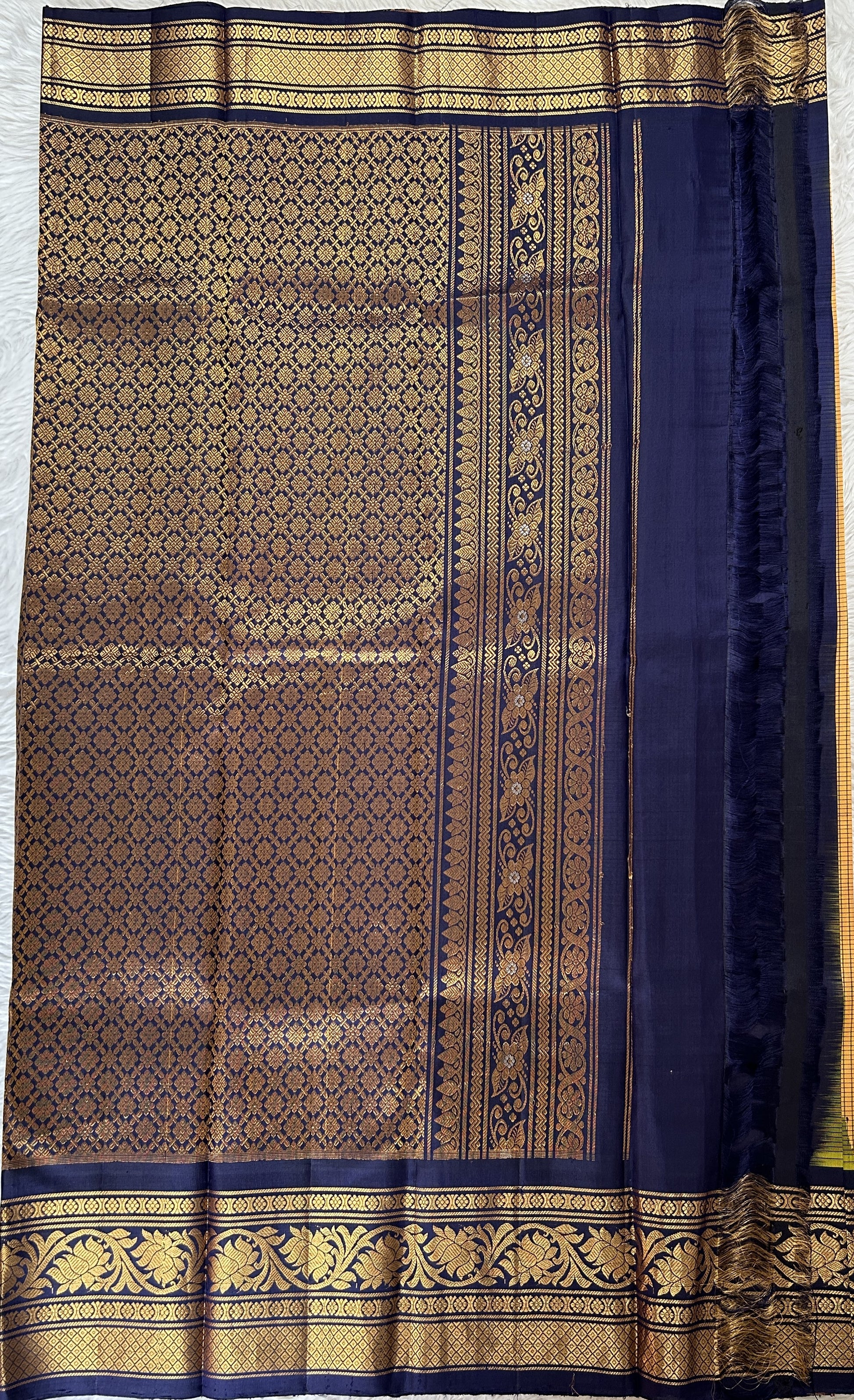 Gadwal Silk Saree Light Orange Colored Complemented With a Navy Blue Color Kanchi Border - Sampradaya Designer Studio