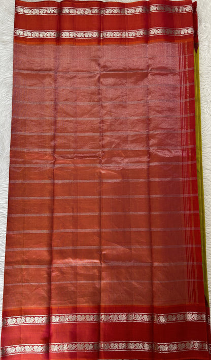 Gadwal Silk Saree Lemon Yellow Colored Complemented With a Peachy Pink Color Kanchi Gap Border - Sampradaya Designer Studio