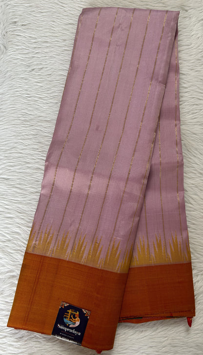 Gadwal Silk Saree Baby Pink Colored Complemented With a Orange Color Plain Border - Sampradaya Designer Studio
