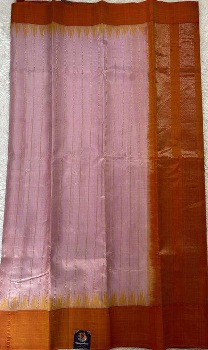 Gadwal Silk Saree Baby Pink Colored Complemented With a Orange Color Plain Border - Sampradaya Designer Studio