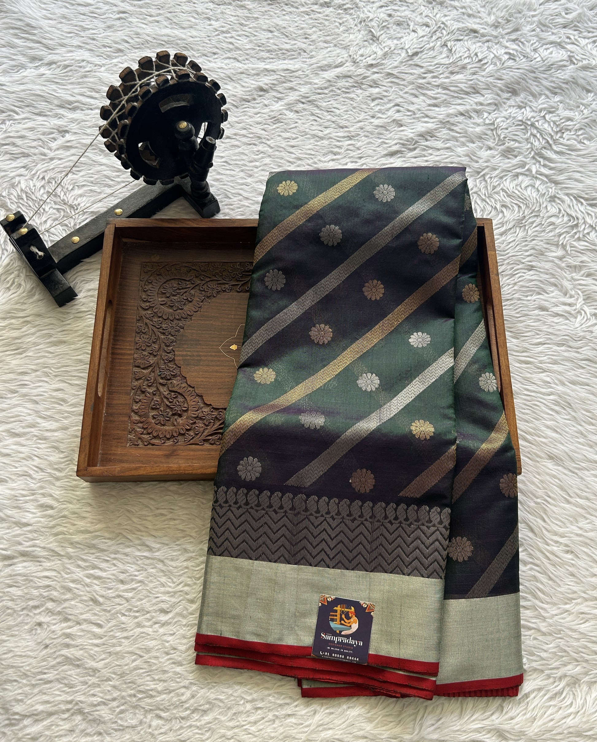 Chanderi Silk Saree Peacock Green color complemented with a Zari border - Sampradaya Designer Studio