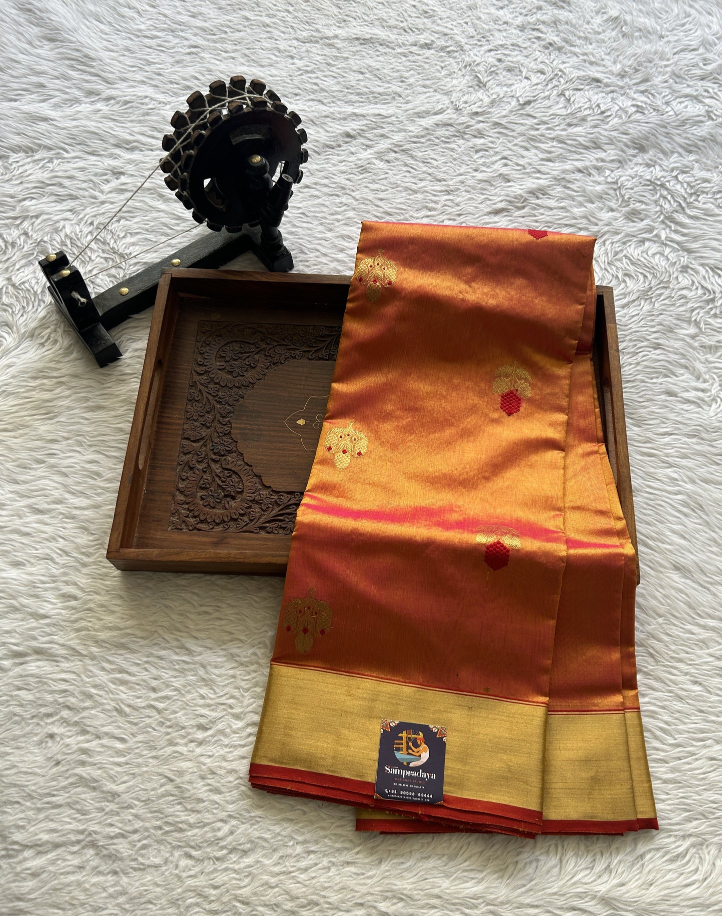 Chanderi Silk Saree Dark Orange color complemented with a Zari border - Sampradaya Designer Studio
