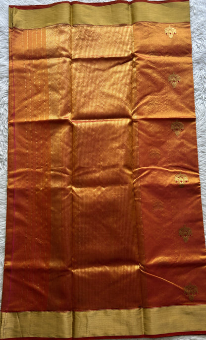 Chanderi Silk Saree Dark Orange color complemented with a Zari border - Sampradaya Designer Studio