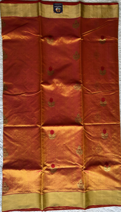 Chanderi Silk Saree Dark Orange color complemented with a Zari border - Sampradaya Designer Studio
