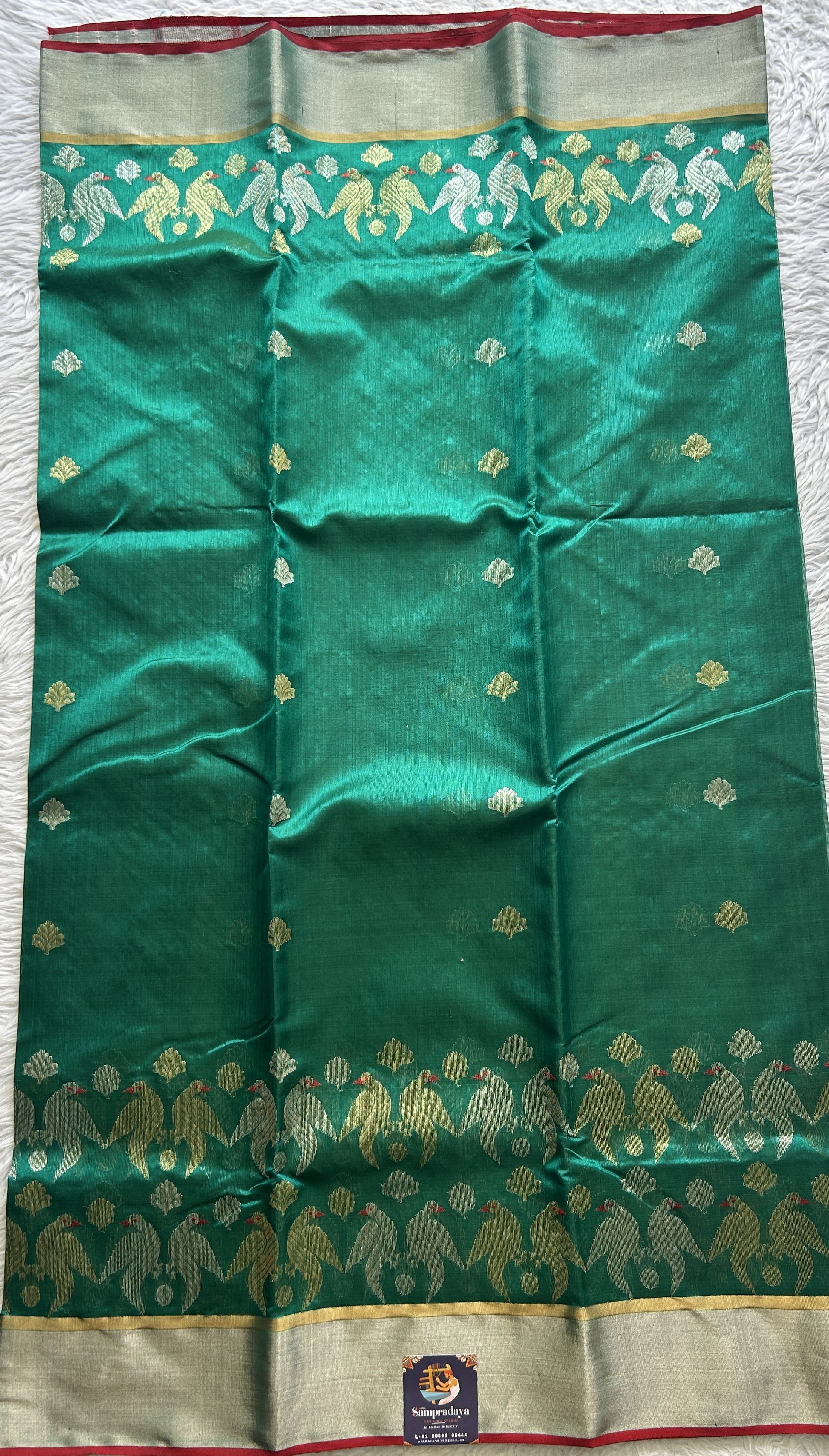 Chanderi Silk Saree Green color complemented with a Zari border - Sampradaya Designer Studio