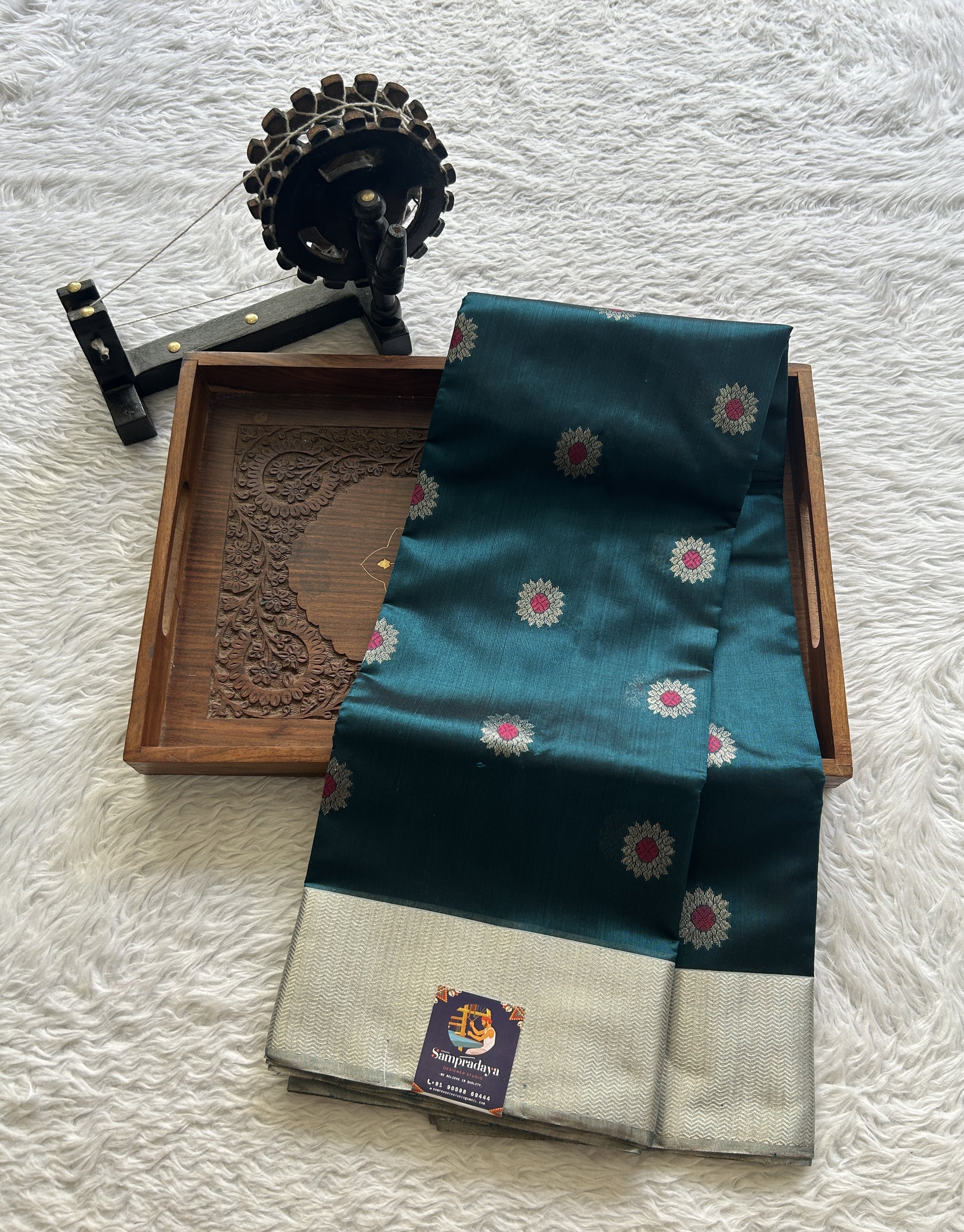 Chanderi Silk Saree Teal Green color complemented with a Zari border - Sampradaya Designer Studio
