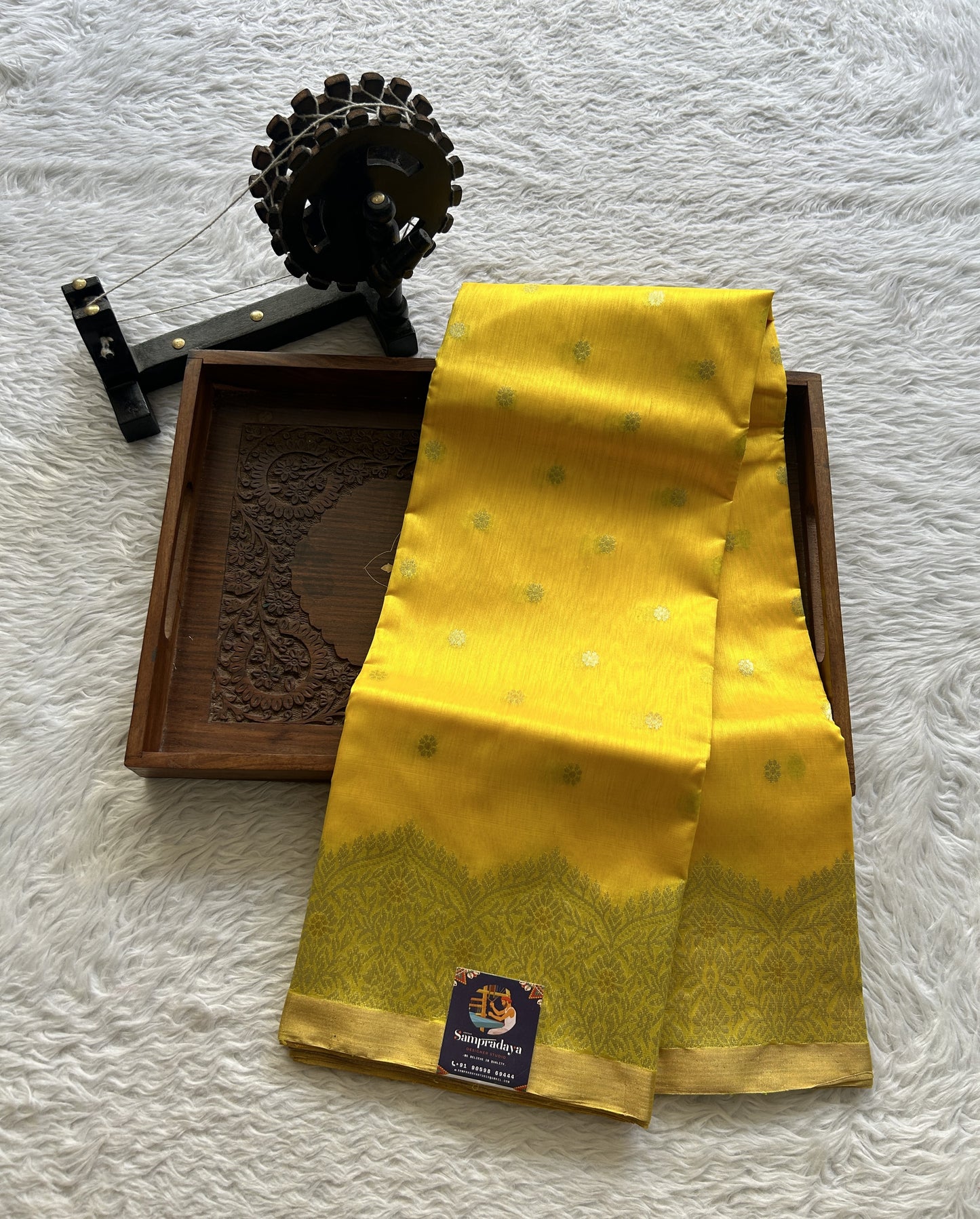 Chanderi Silk Saree Yellow color complemented with a Crown Zari border - Sampradaya Designer Studio