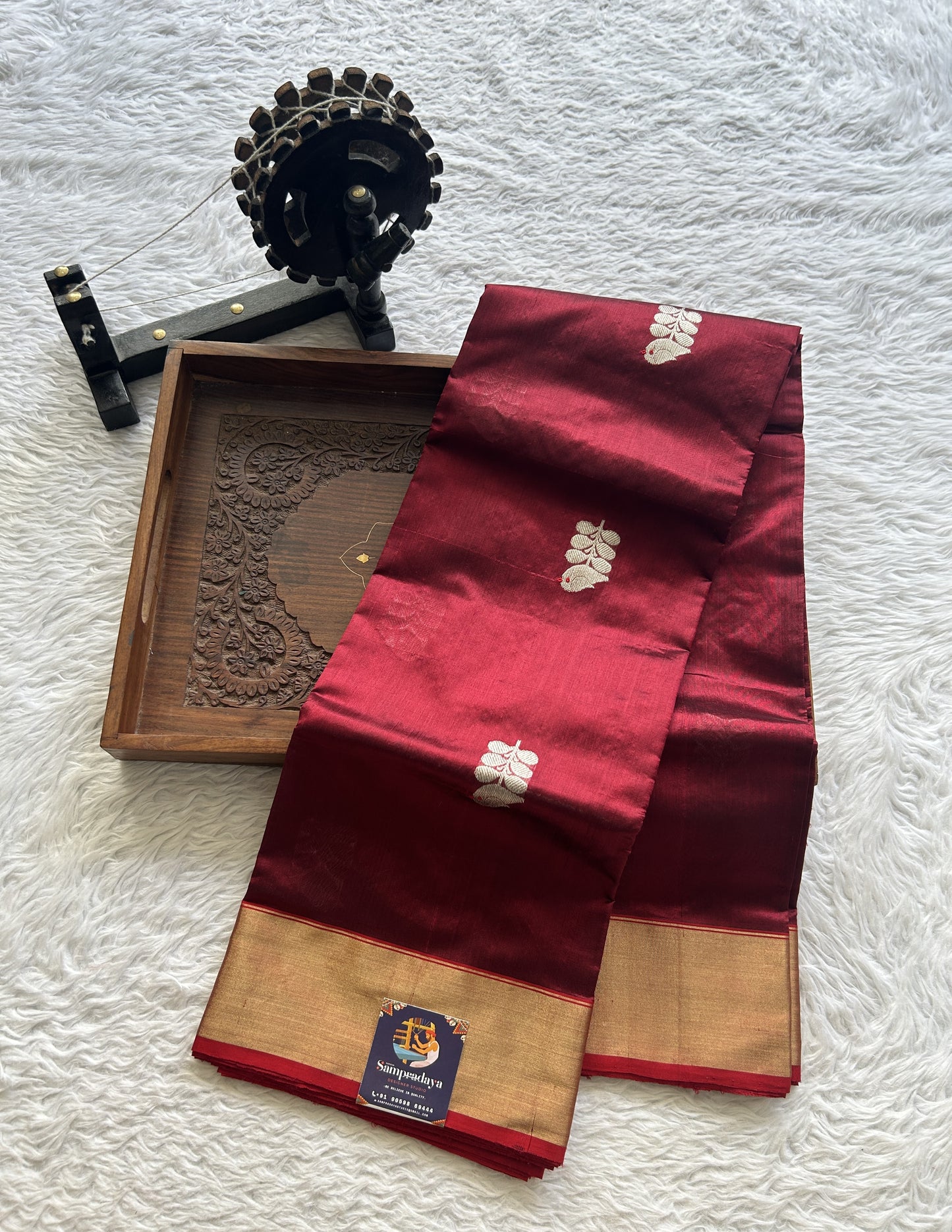 Chanderi Silk Saree Dark Maroon color complemented with a Zari border - Sampradaya Designer Studio