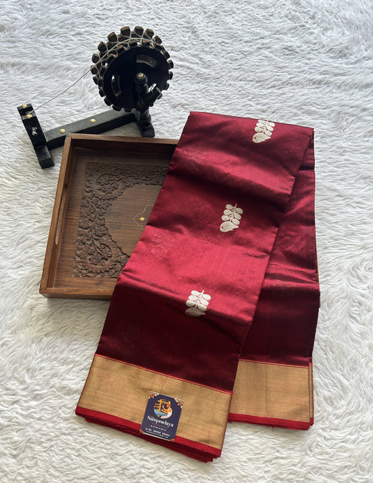 Chanderi Silk Saree Dark Maroon color complemented with a Zari border - Sampradaya Designer Studio