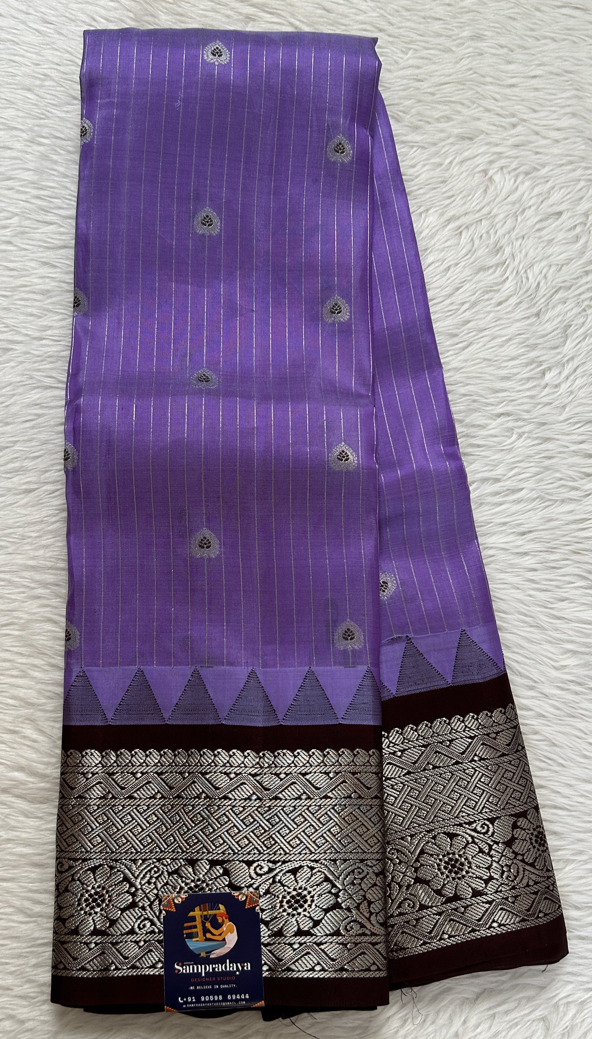 Gadwal Silk Saree Lavender colored complemented with a Brown Color Kanchi Border - Sampradaya Designer Studio