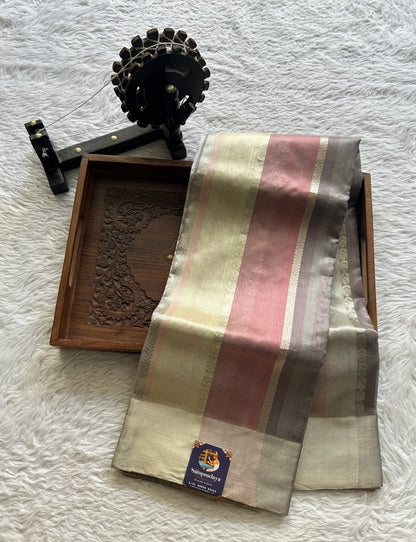 Chanderi Silk Saree Multi color complemented with a Silver Zari border - Sampradaya Designer Studio