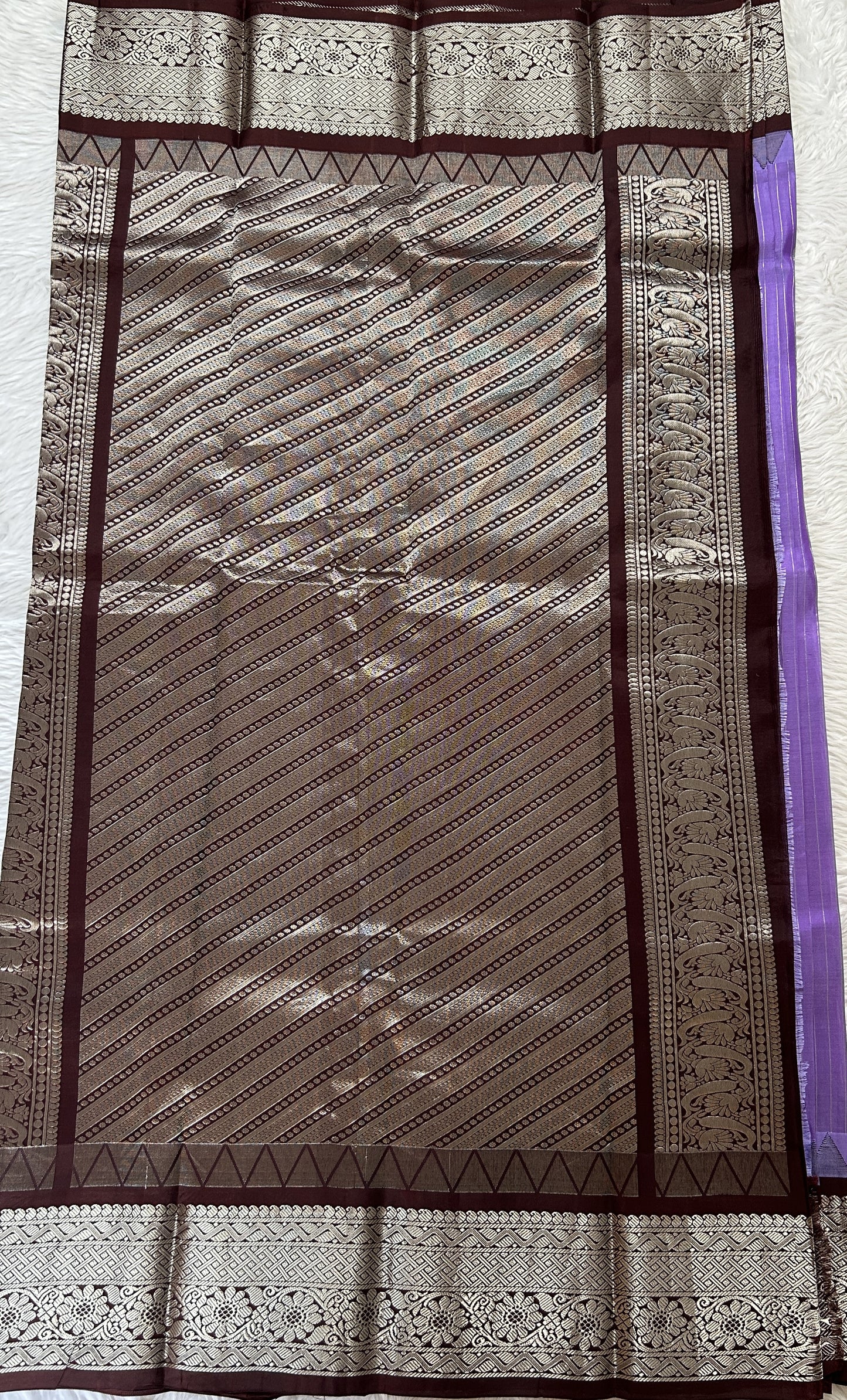 Gadwal Silk Saree Lavender colored complemented with a Brown Color Kanchi Border - Sampradaya Designer Studio