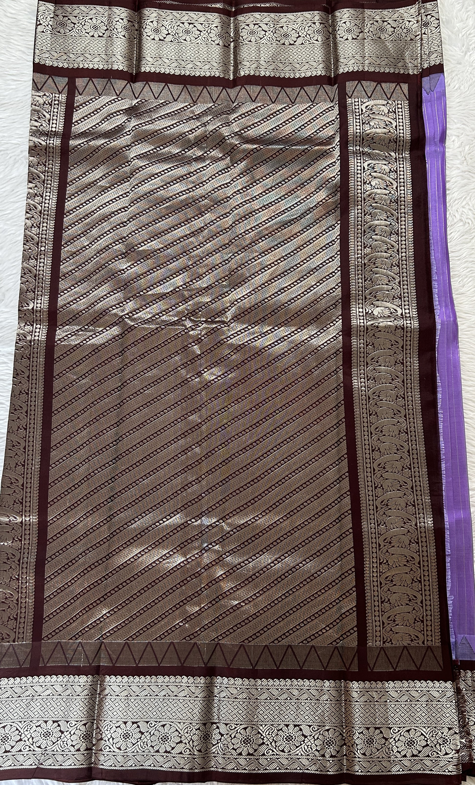 Gadwal Silk Saree Lavender colored complemented with a Brown Color Kanchi Border - Sampradaya Designer Studio