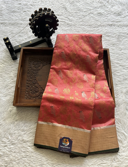 Chanderi Silk Allover Saree Peach color complemented with a Zari border - Sampradaya Designer Studio