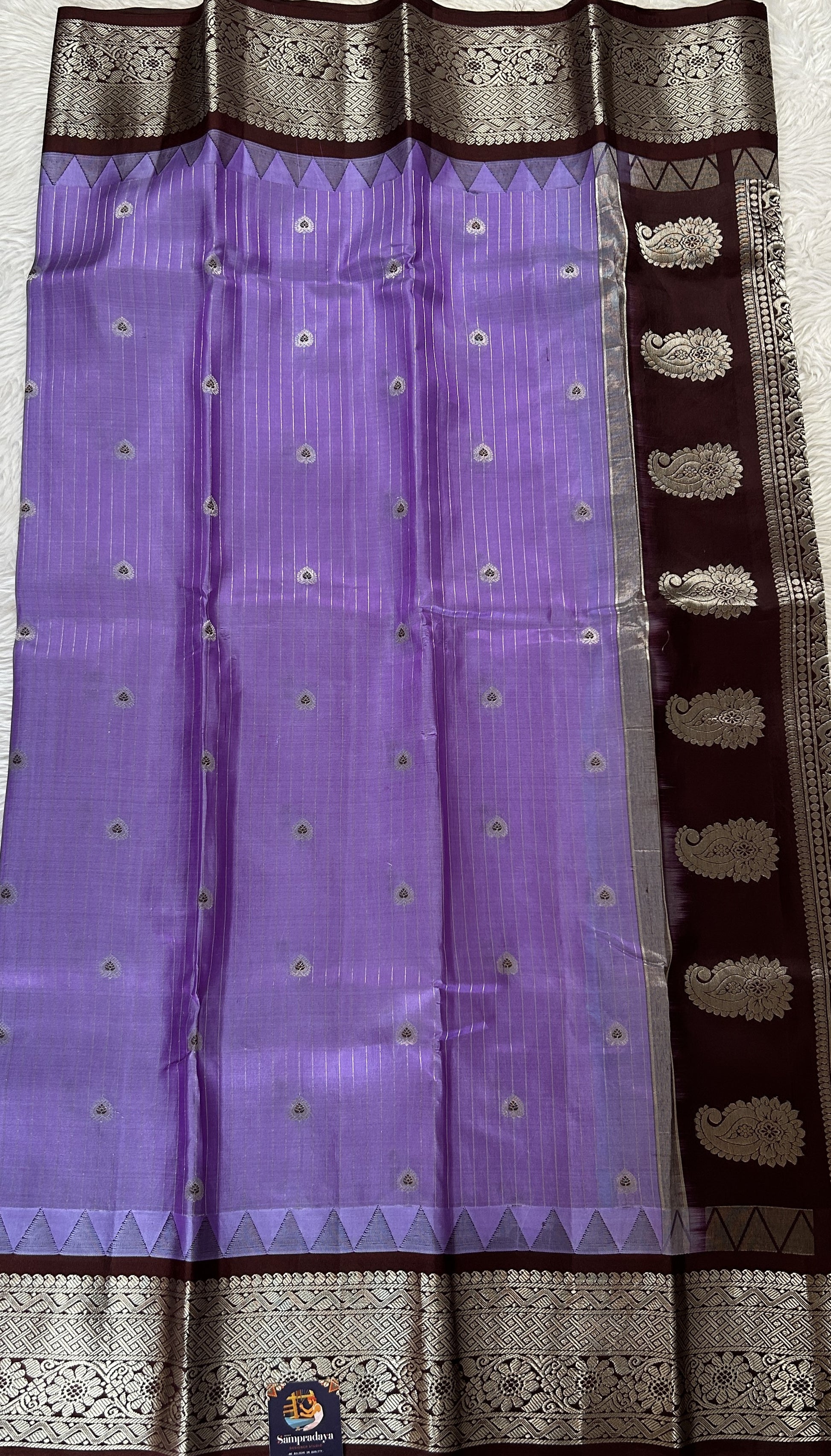 Gadwal Silk Saree Lavender colored complemented with a Brown Color Kanchi Border - Sampradaya Designer Studio