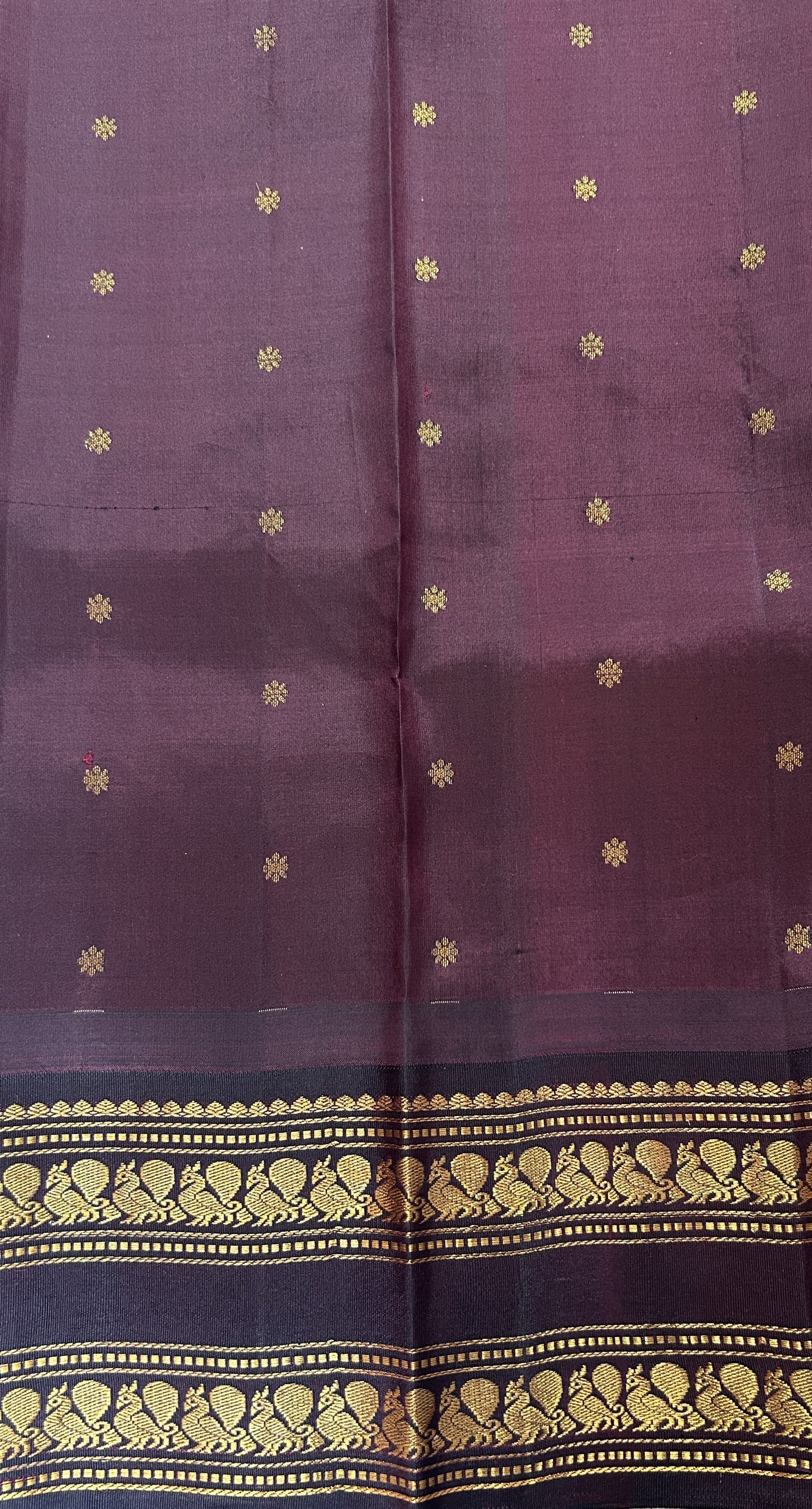 Gadwal Silk Saree Pastel Green colored complemented with a Brown Color Kanchi Gap Border - Sampradaya Designer Studio