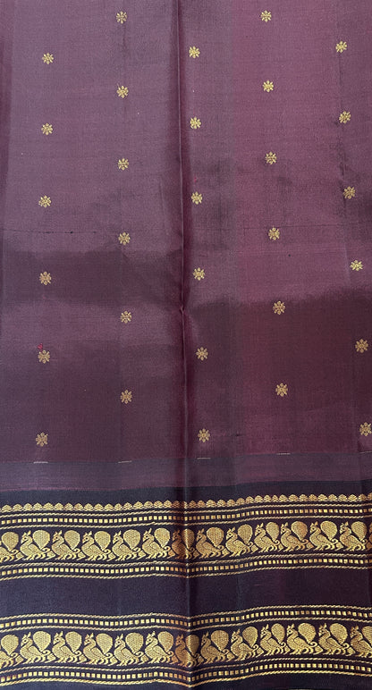 Gadwal Silk Saree Pastel Green colored complemented with a Brown Color Kanchi Gap Border - Sampradaya Designer Studio