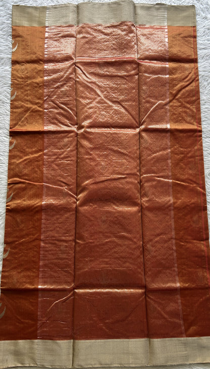 Chanderi Silk Saree Pumpkin Orange color complemented with a Zari border - Sampradaya Designer Studio