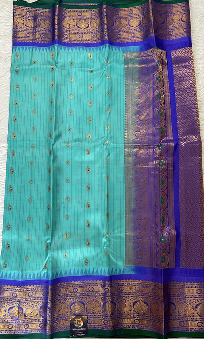 Gadwal Silk Saree Sea Blue colored complemented with a Ink Blue Color Kanchi Border - Sampradaya Designer Studio