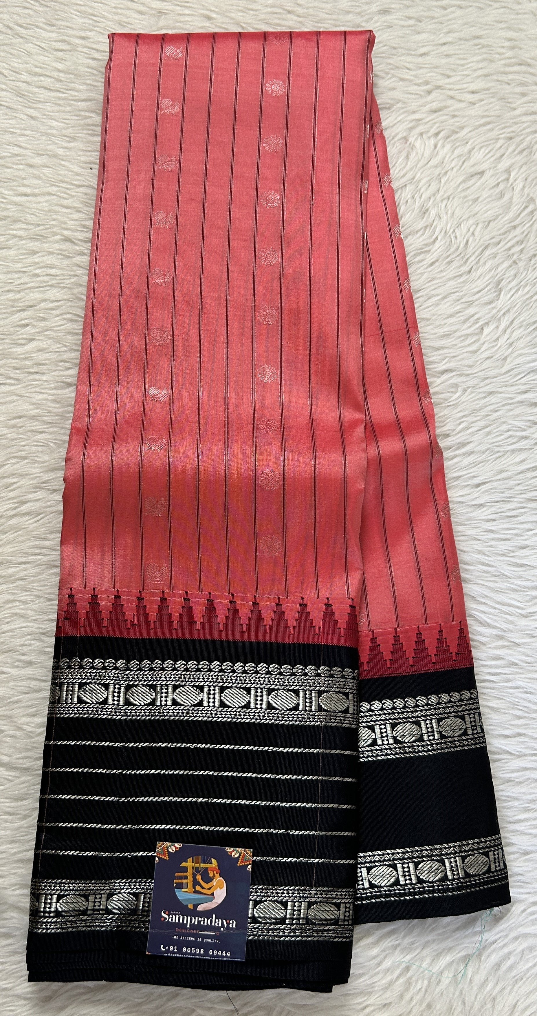Gadwal Silk Saree Peach colored complemented with a Black Color Kanchi Border - Sampradaya Designer Studio