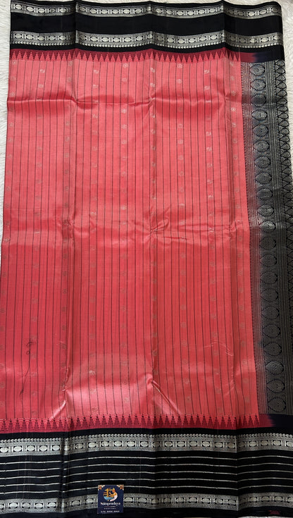Gadwal Silk Saree Peach colored complemented with a Black Color Kanchi Border - Sampradaya Designer Studio