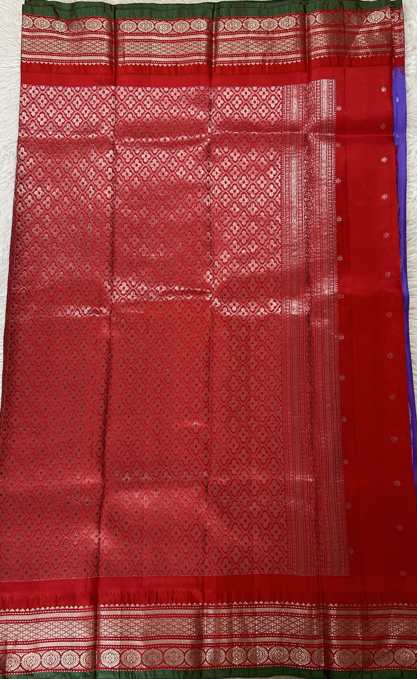 Gadwal Silk Saree Lavender colored complemented with a Red Color Kanchi Border - Sampradaya Designer Studio