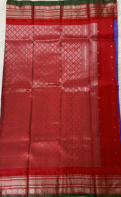 Gadwal Silk Saree Lavender colored complemented with a Red Color Kanchi Border - Sampradaya Designer Studio