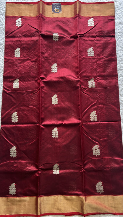 Chanderi Silk Saree Dark Maroon color complemented with a Zari border - Sampradaya Designer Studio