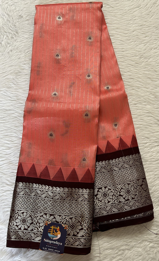 Gadwal Silk Saree Peach colored complemented with a Brown Color Kanchi Border - Sampradaya Designer Studio