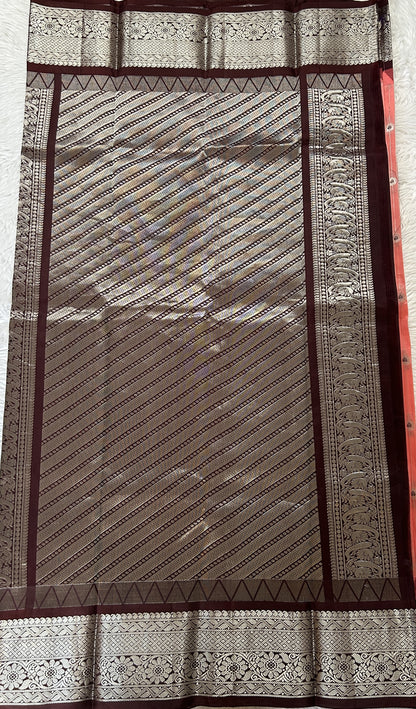 Gadwal Silk Saree Peach colored complemented with a Brown Color Kanchi Border - Sampradaya Designer Studio