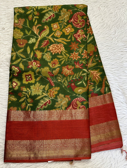 Banarasi Georgette Saree Bottle Green Colored Complemented with a Brick Red Zari border. - Sampradaya Designer Studio