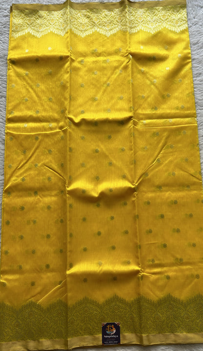 Chanderi Silk Saree Yellow color complemented with a Crown Zari border - Sampradaya Designer Studio