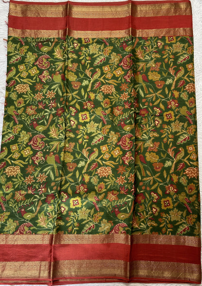 Banarasi Georgette Saree Bottle Green Colored Complemented with a Brick Red Zari border. - Sampradaya Designer Studio