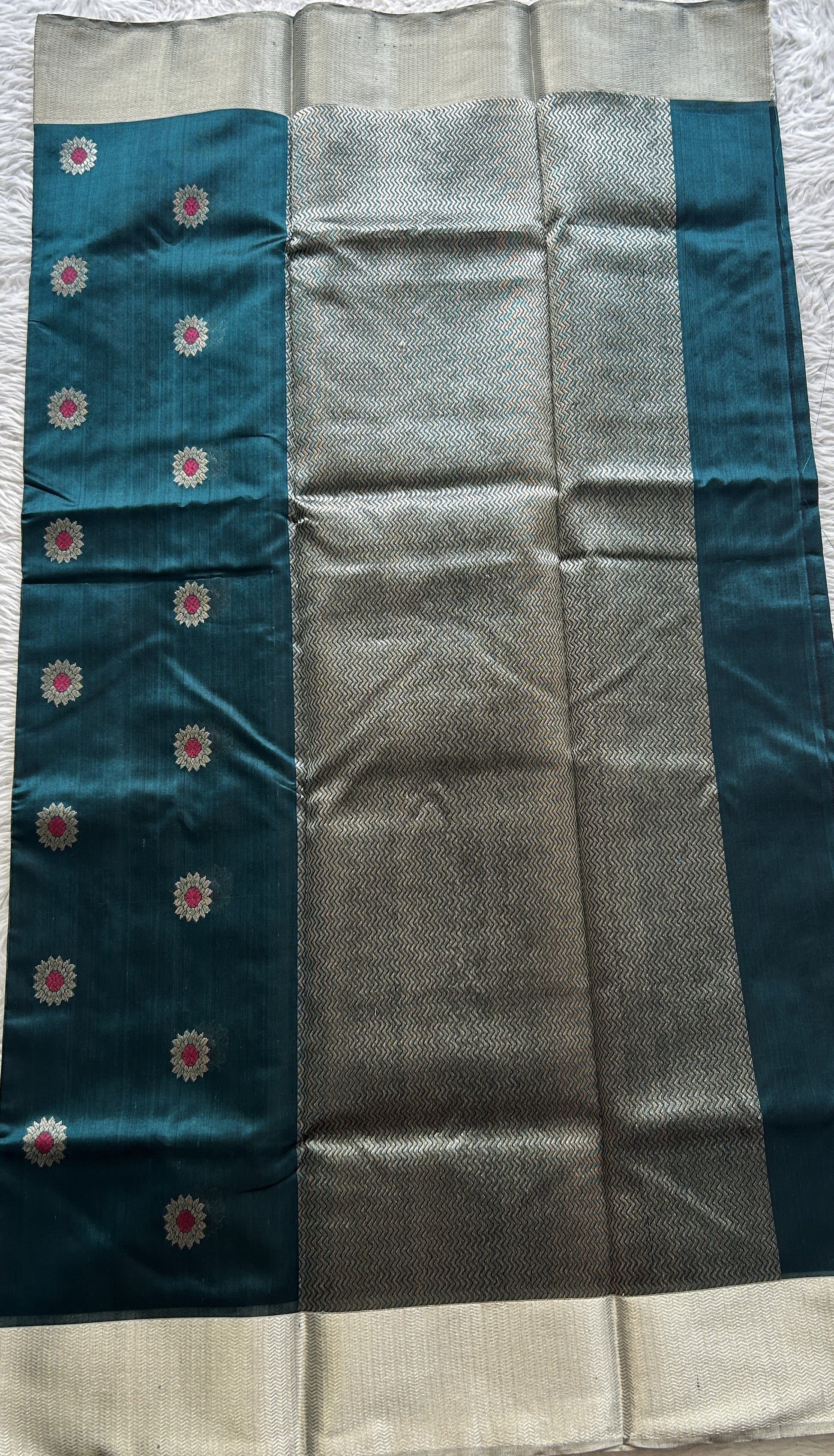Chanderi Silk Saree Teal Green color complemented with a Zari border - Sampradaya Designer Studio
