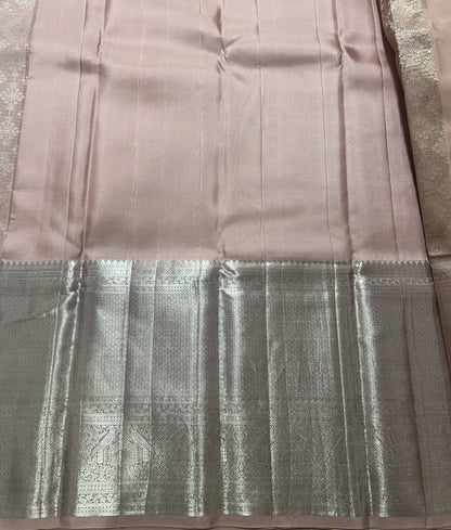 Peach Kanjivaram Silk Saree | Weaving Border With Floral Butta | Handloom | Silk Mark Certified