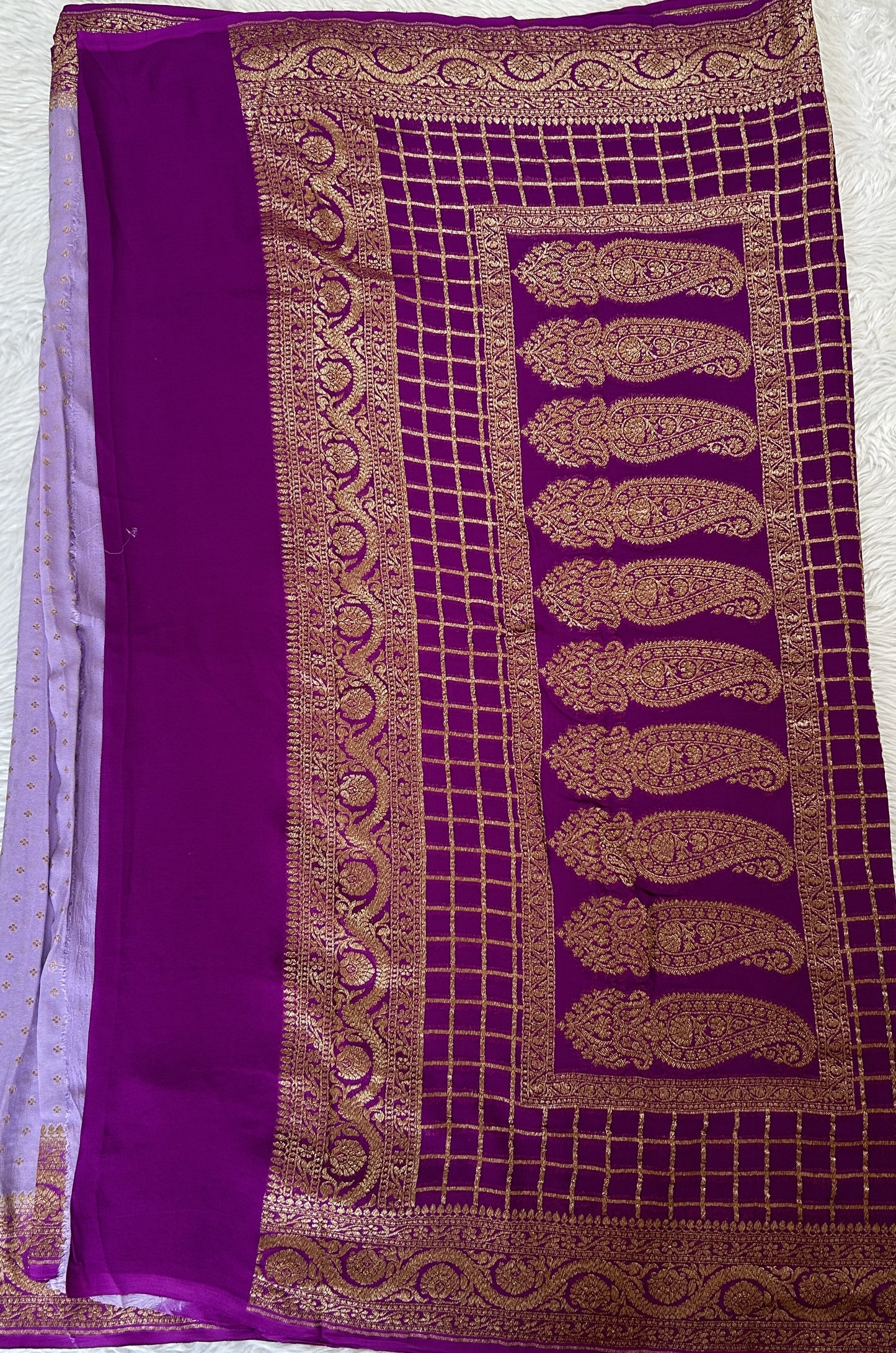 Banarasi Georgette Saree Lavender Colored Complemented with a Violet Zari border. - Sampradaya Designer Studio