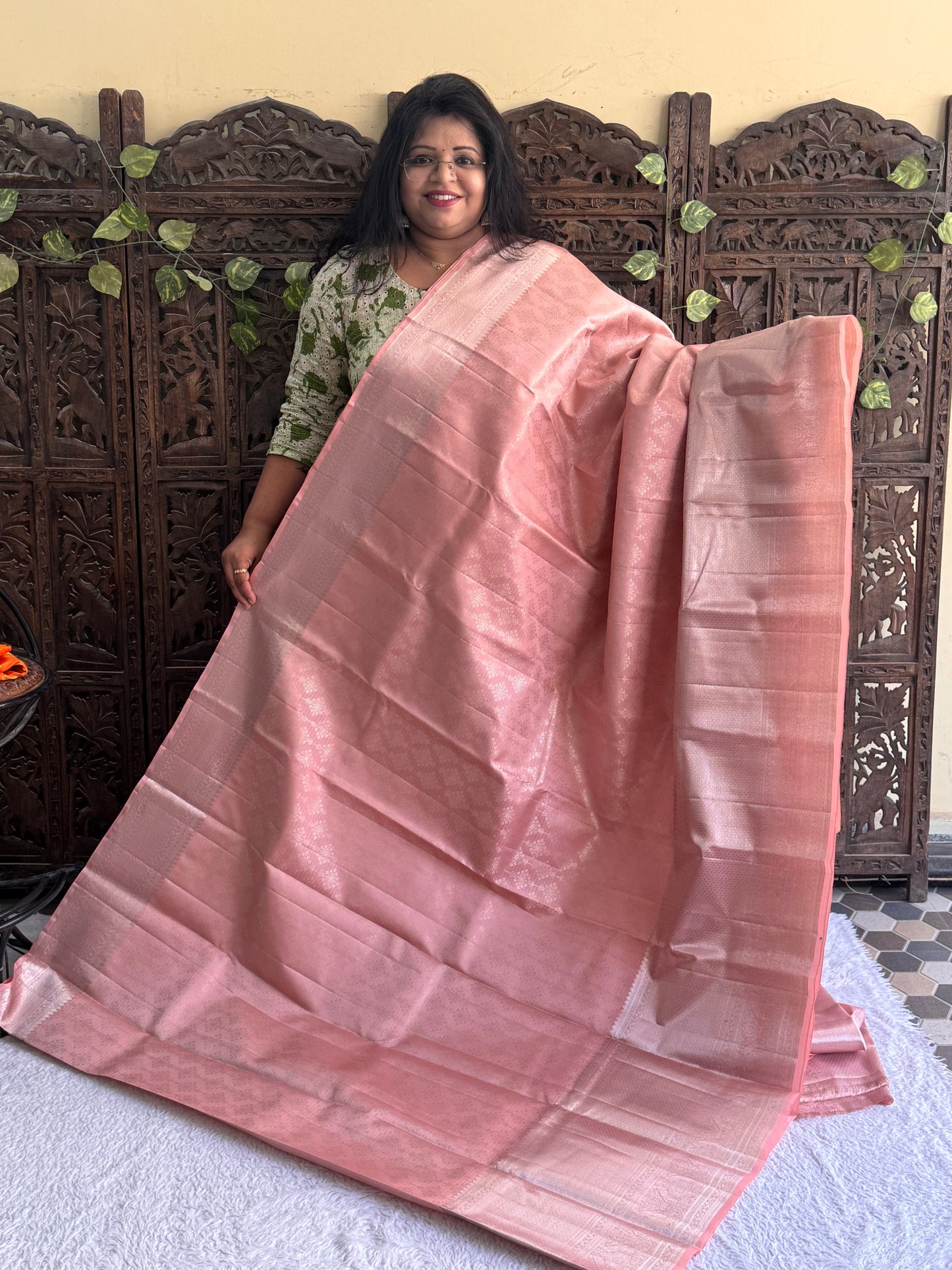 Peach Kanjivaram Silk Saree | Weaving Border With Floral Butta | Handloom | Silk Mark Certified
