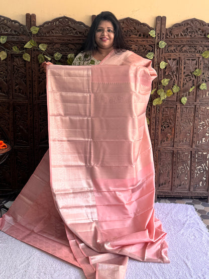 Peach Kanjivaram Silk Saree | Weaving Border With Floral Butta | Handloom | Silk Mark Certified