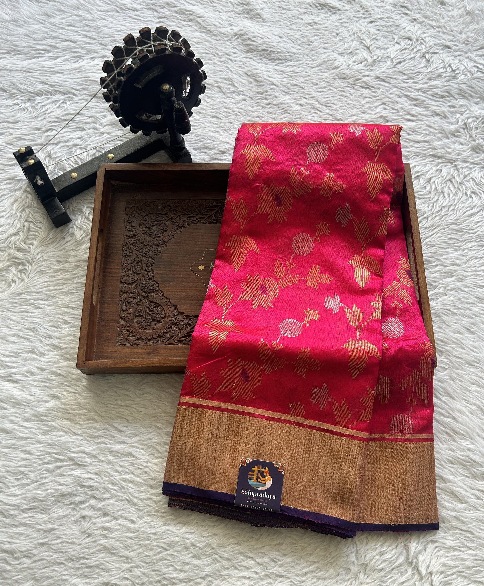 Chanderi Silk Saree Dark Pink color complemented with a Zari border - Sampradaya Designer Studio