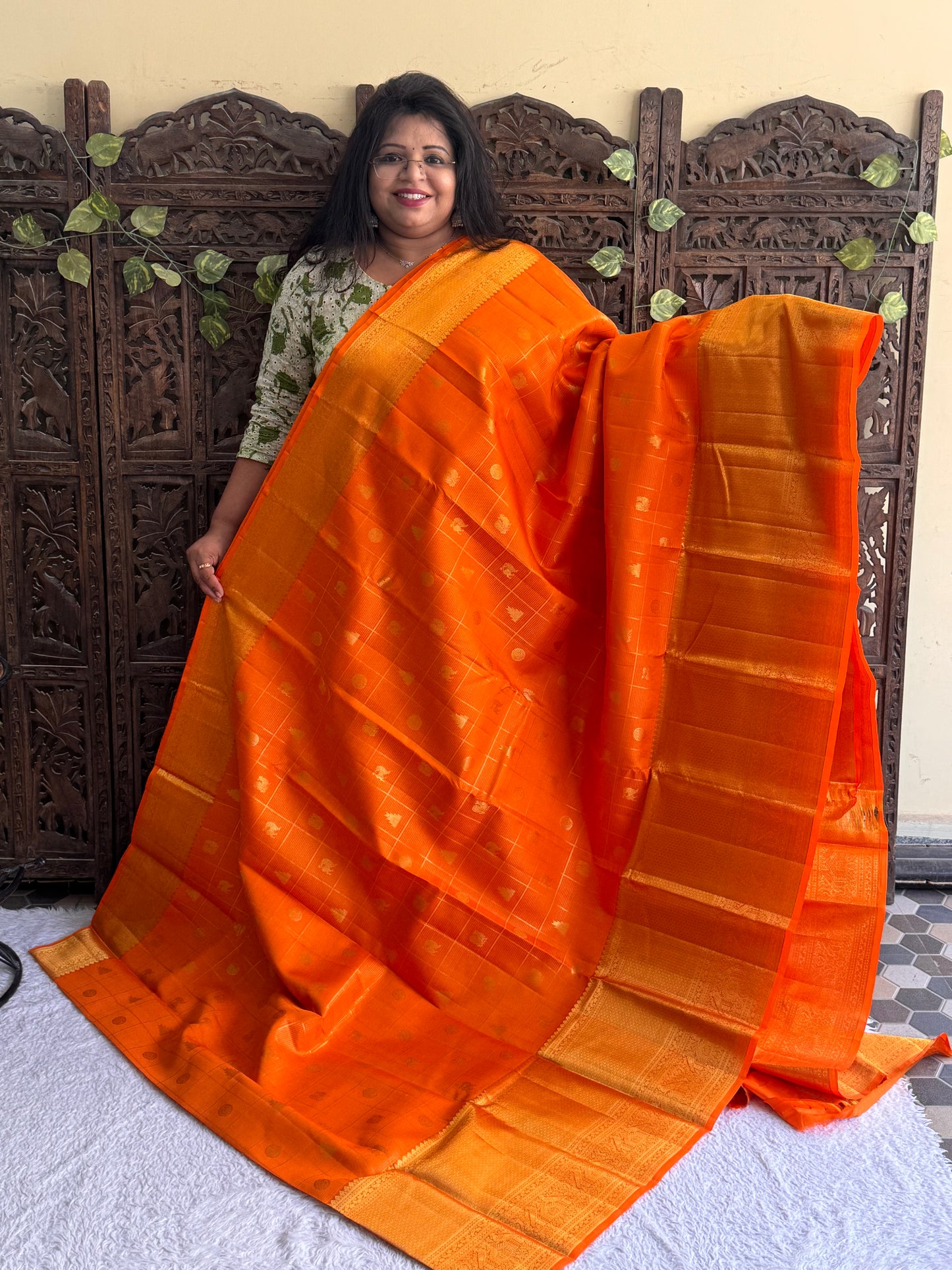 Orange Pure Kanjivaram Silk Saree | Weaving Border With All-Over Butta With Checks | Handloom | Silk Mark Certified
