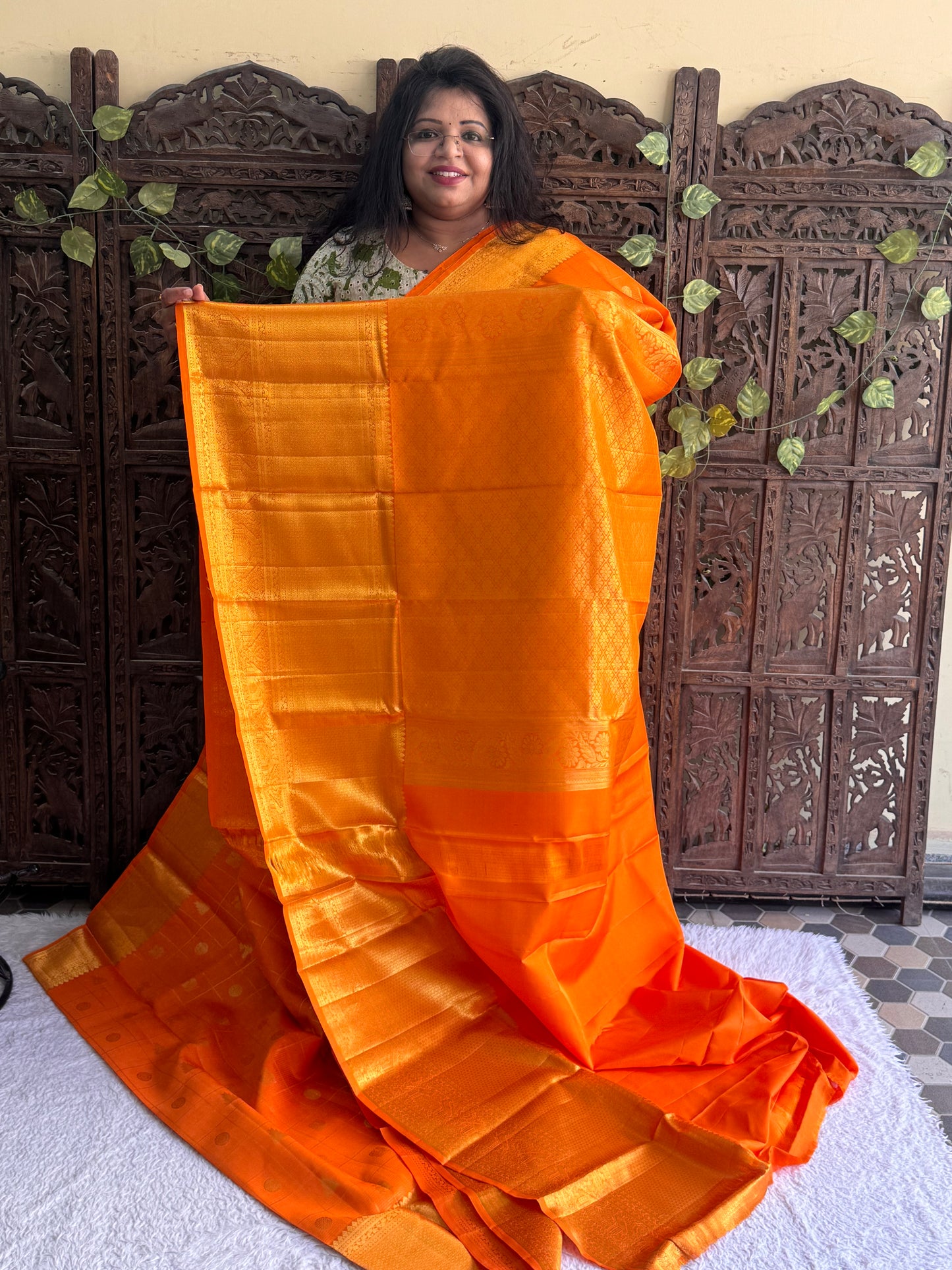 Orange Pure Kanjivaram Silk Saree | Weaving Border With All-Over Butta With Checks | Handloom | Silk Mark Certified