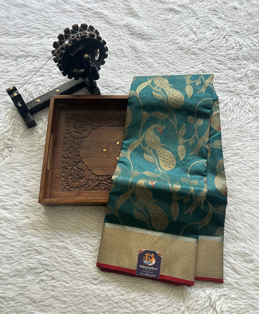 Chanderi Silk Saree Rama Green color complemented with a Zari border - Sampradaya Designer Studio