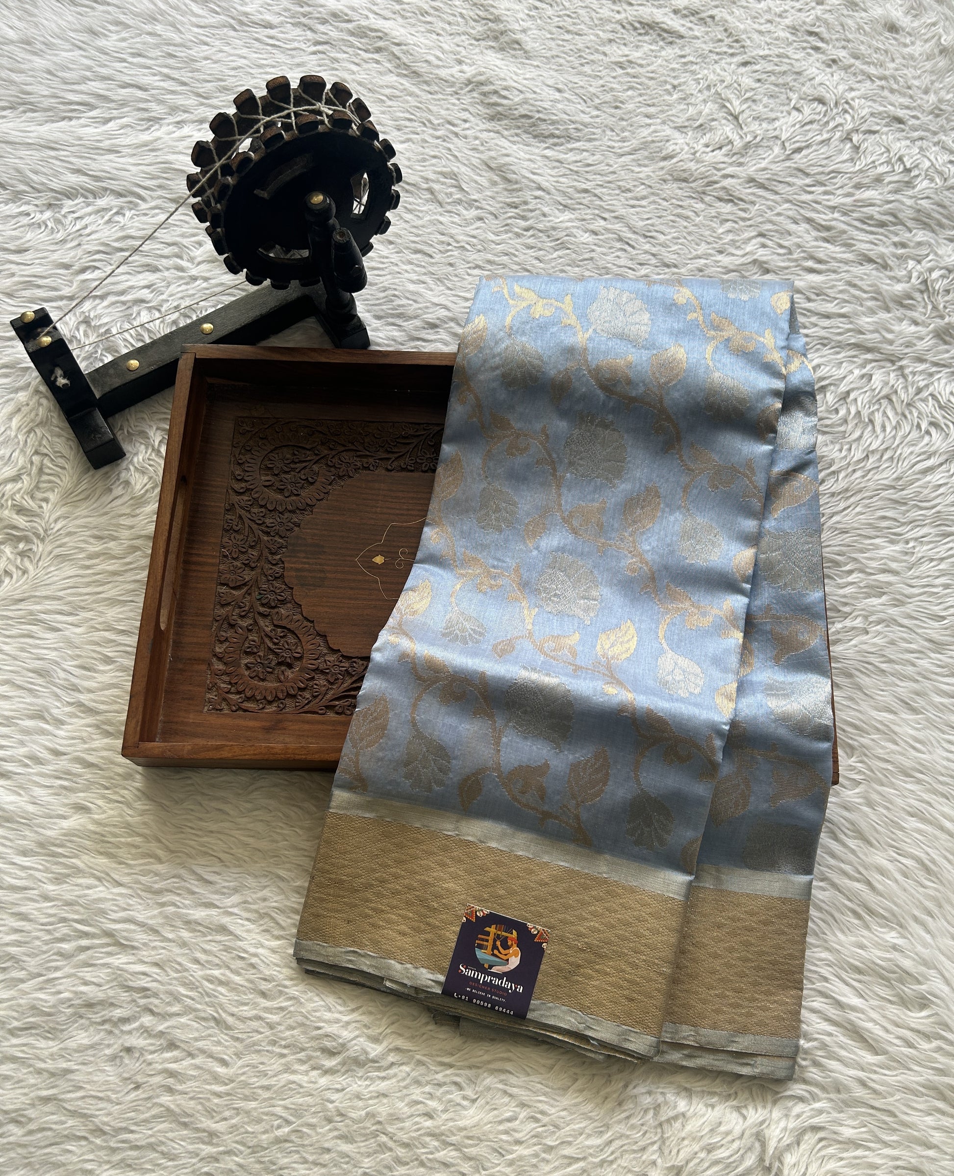 Chanderi Silk Saree Ice Blue color complemented with a Zari border - Sampradaya Designer Studio