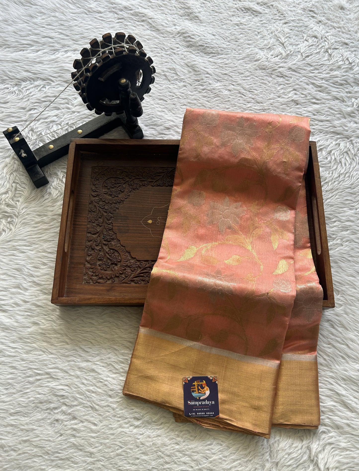 Chanderi Silk Saree Light Peach color complemented with a Zari border - Sampradaya Designer Studio