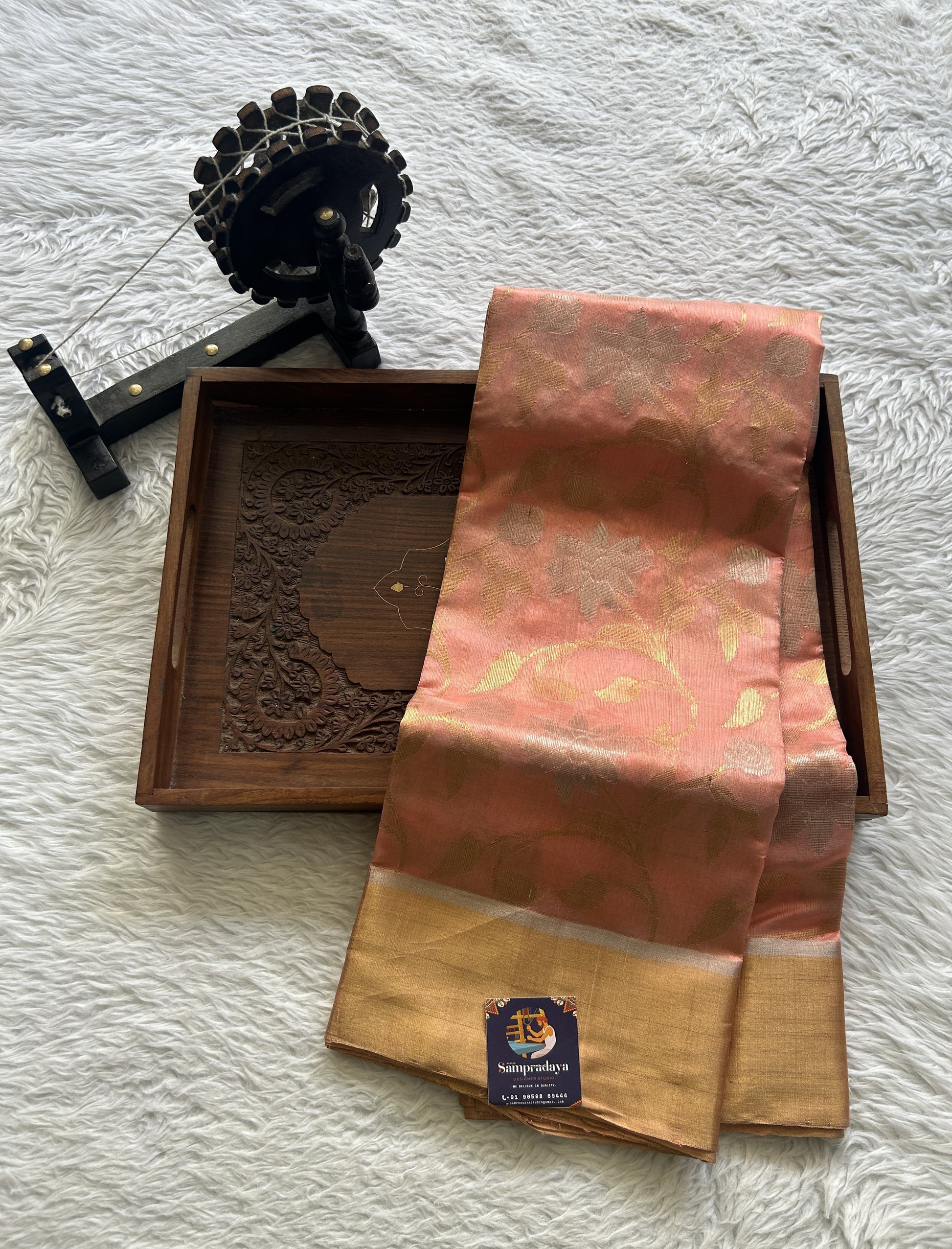Chanderi Silk Saree Light Peach color complemented with a Zari border - Sampradaya Designer Studio
