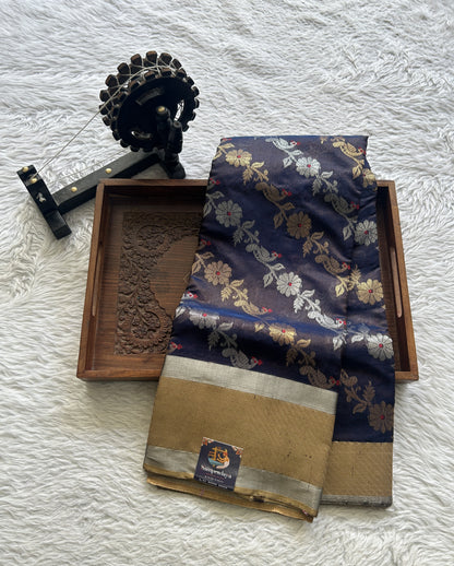 Chanderi Silk Saree Navy Blue color complemented with a Zari border - Sampradaya Designer Studio